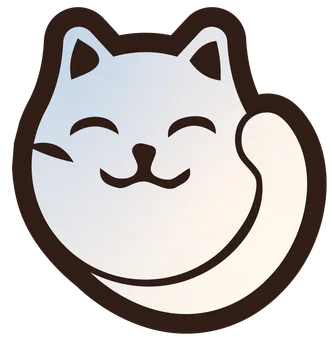 A smiling cartoon cat with closed eyes and a curved tail.