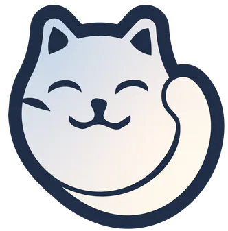 Illustration of a smiling cat with closed eyes and curled tail, dark background.