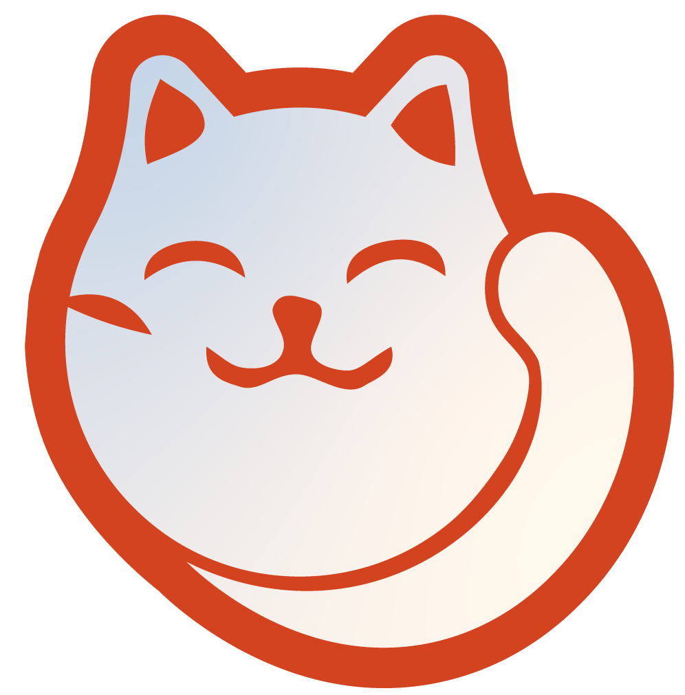 A simple, stylized white cat with a smiling face on a red background.