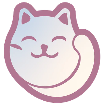 Illustration of a smiling, white, cartoon cat with closed eyes, on a purple background.